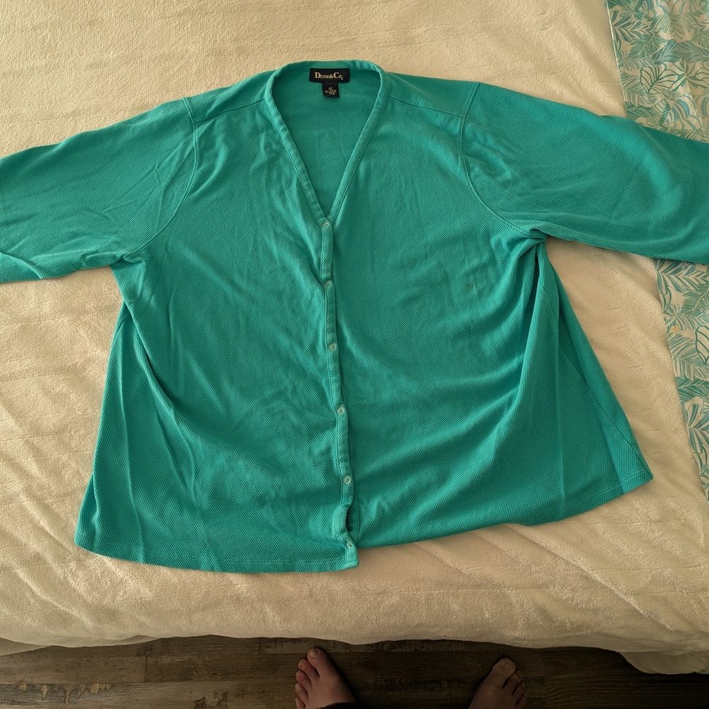 Denim & Co Turquoise Green Cardigan Sweater Jacket Boho 3XL Cotton Snap 3/4 Slev